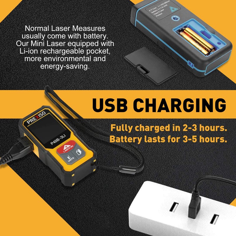 PREXISO Mini Laser Measurement Tool, 135Ft Rechargeable Laser Distance Meter Ft/Ft+in/in/M Unit, Laser Measure with High Accuracy, Pythagorean, Distance, Area, Volume Modes - Image 3